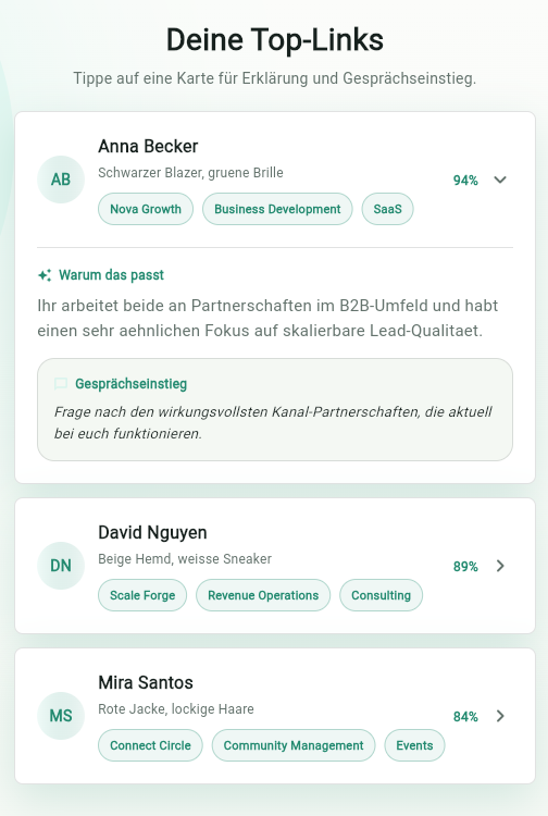 Guest links and matches screen in the user app